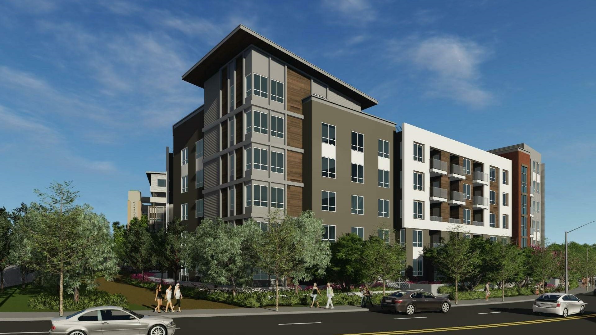 A digital rendering of the exterior of the Wylden Apartments in Los Angeles, California.