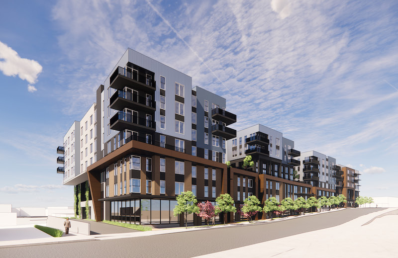 A digital rendering of the exterior of The Brynn Apartments in Kirkland, Washington.