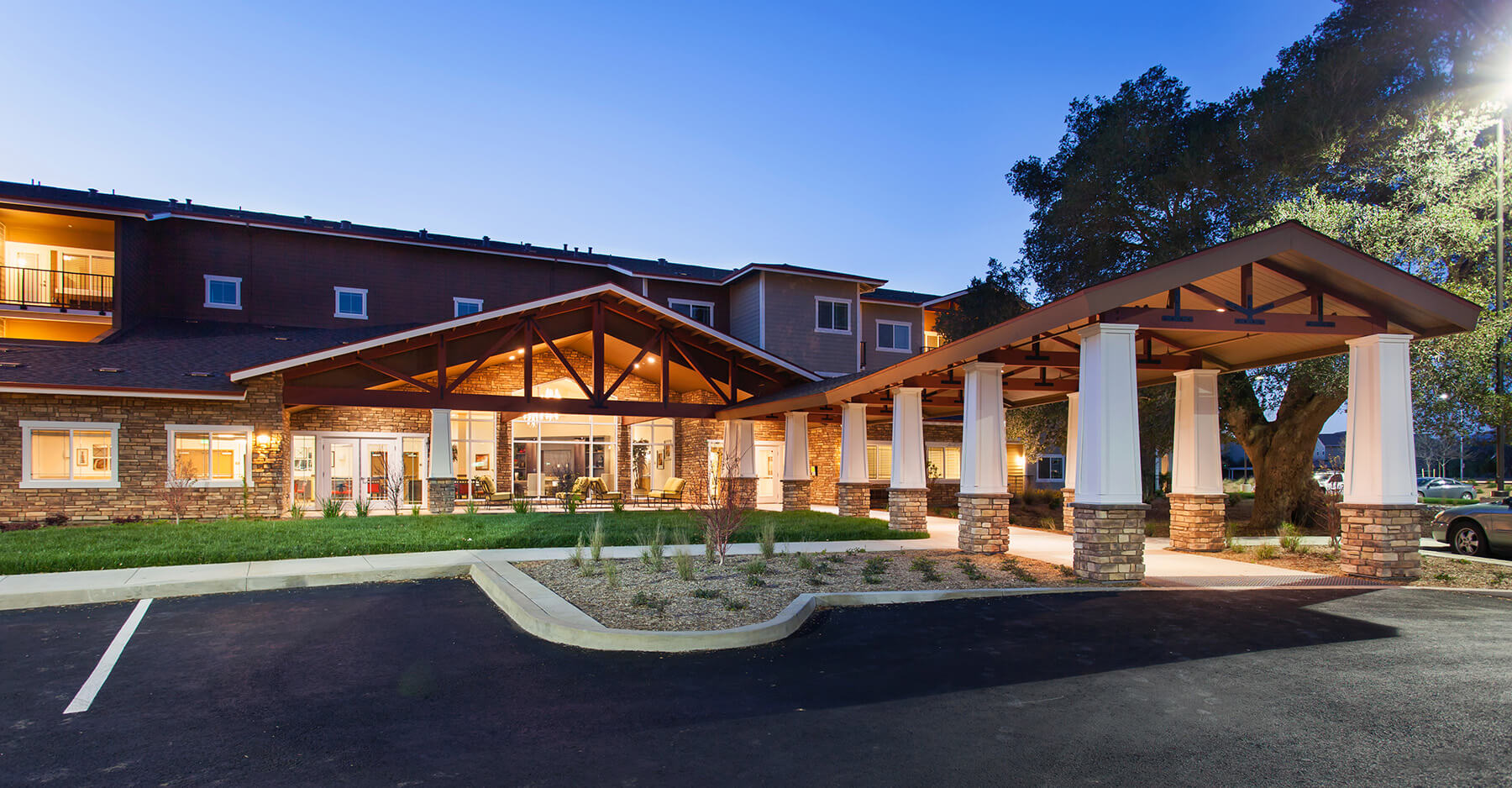The building exterior of the leasing center at The Lodge at Morgan Hill Senior Apartments in San Jose, California.