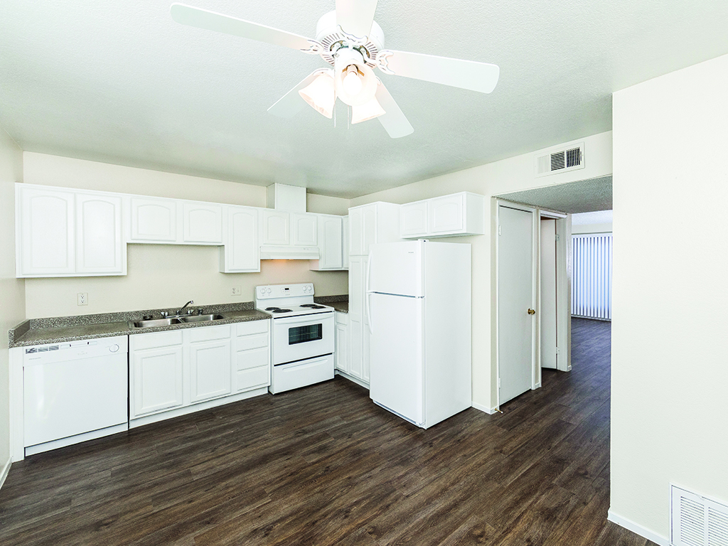 A bright, spacious kitchen at the Woodcreek Apartments in Las Vegas, Nevada.