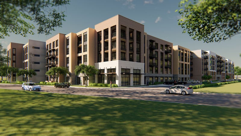 A digital rendering of the Heights at 1520 Apartments in Houston, Texas as viewed across a lawn.