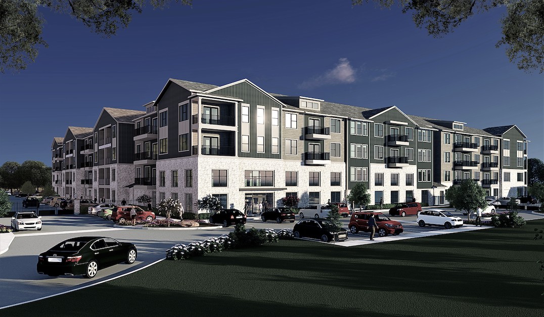 A digital rendering of the exterior of The Cala Apartments in Austin, Texas.