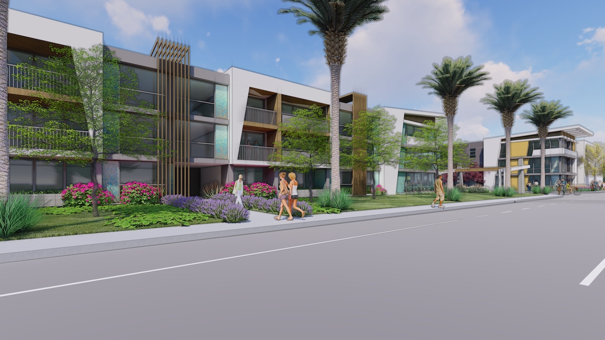 A digital rendering of the exterior of the Bowen Apartments in San Diego, California.