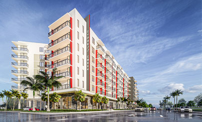 A digital rendering of the exterior of the Treo Apartments in Fort Lauderdale, Florida.