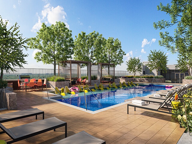 The luxury pool and landscaping at the Fifteen15 South Lamar apartments in Austin, Texas.