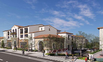 A digital rendering of the exterior of the West Village Poway apartments in San Diego, California.