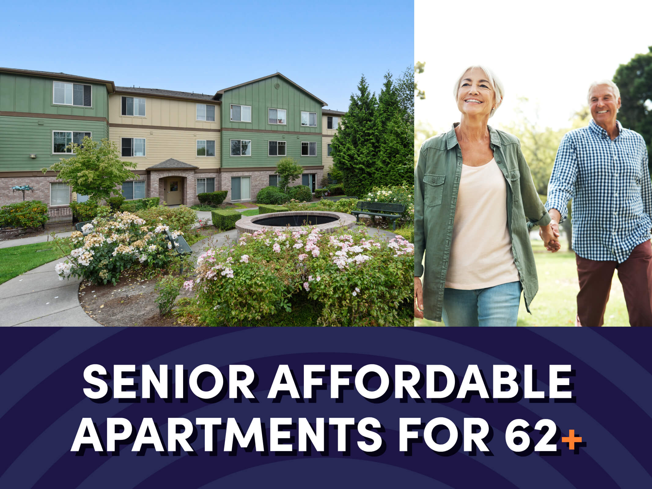 An image of a building exterior next to an image of a senior couple holding hands above text reading “Senior Affordable Apartments for 62+” for the Alderwood Court Senior Affordable Apartments in Lynnwood, Washington.