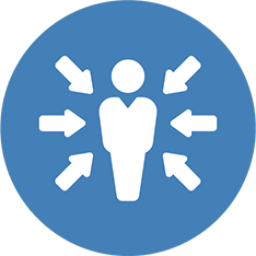 A blue icon of multiple arrows pointing to a person in the middle.
