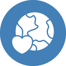 A blue icon of the earth and its continents, with a heart nestled into its side.