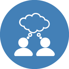 A blue icon of two people communicating their ideas and thoughts with one another.