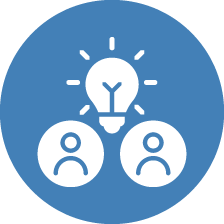 A blue icon of two people and a lightbulb between them, symbolizing collaboration and an entrepreneurial spirit.