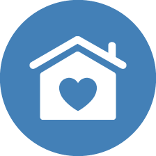 A blue icon of a home in a community with a heart in its center.
