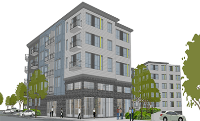 A digital rendering of the exterior of the Jayden Apartments in Peabody, Massachusetts.